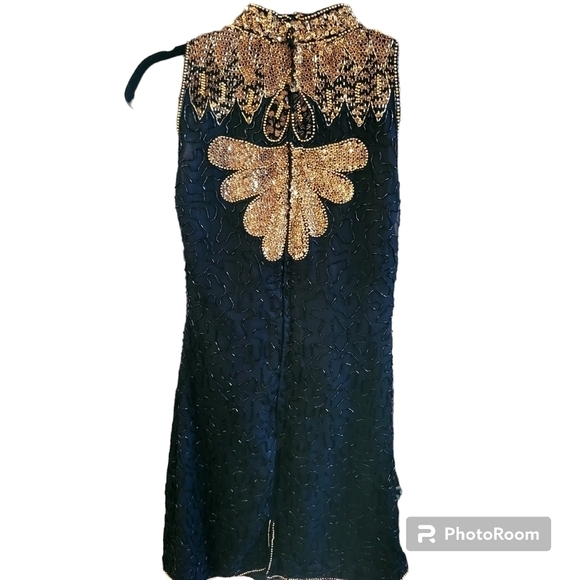 Vintage 80's Small 100% Silk Black Gold Beaded Cocktail Dress Wedding Prom - Picture 3 of 7